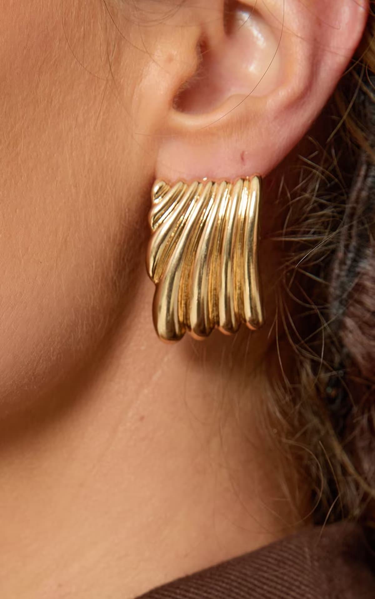 EGO Shell Ribbed Detail Square Shaped Stud Earrings In Gold, Women's Size UK 0