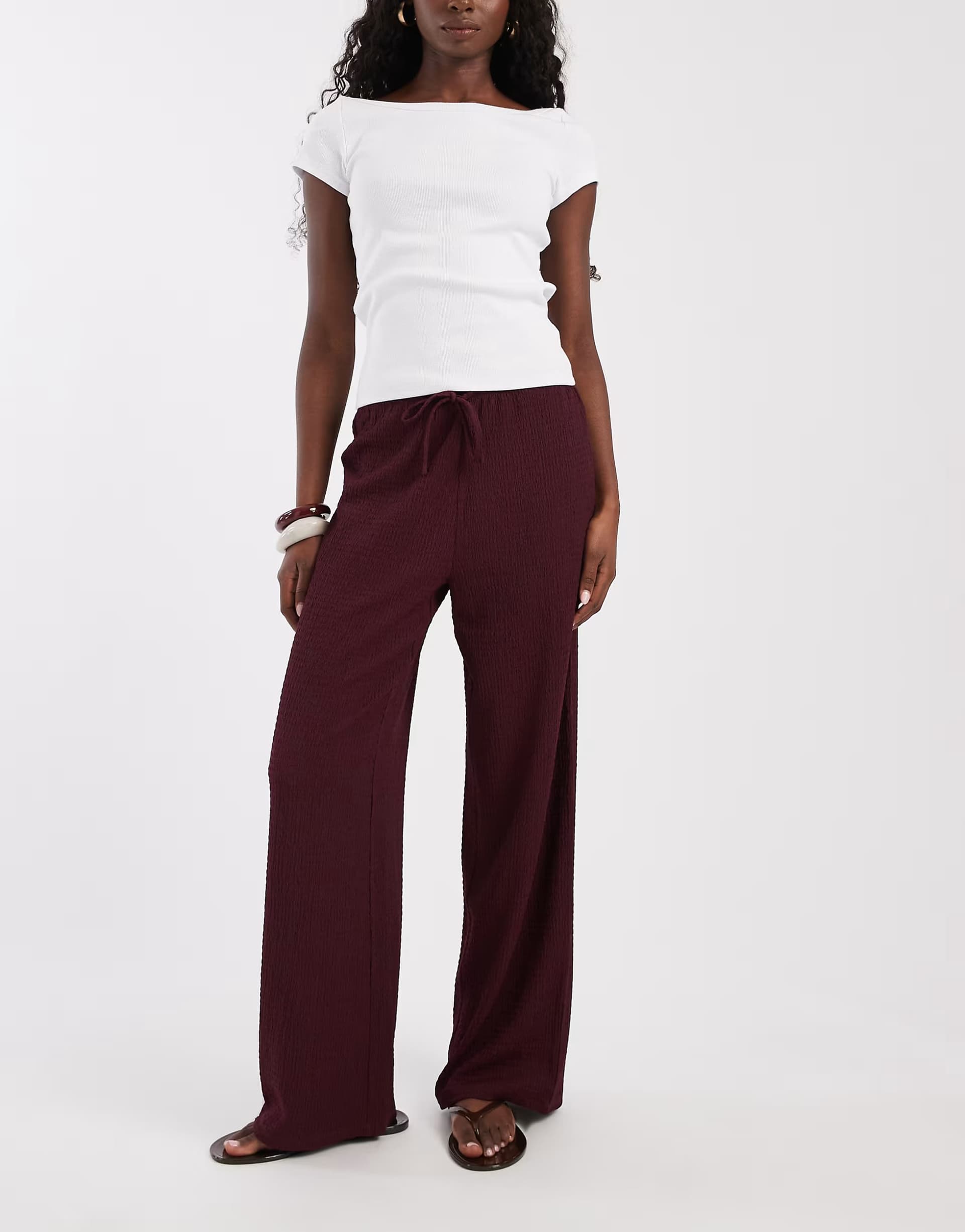 ASOS ONLY textured wide leg trousers in burgundy