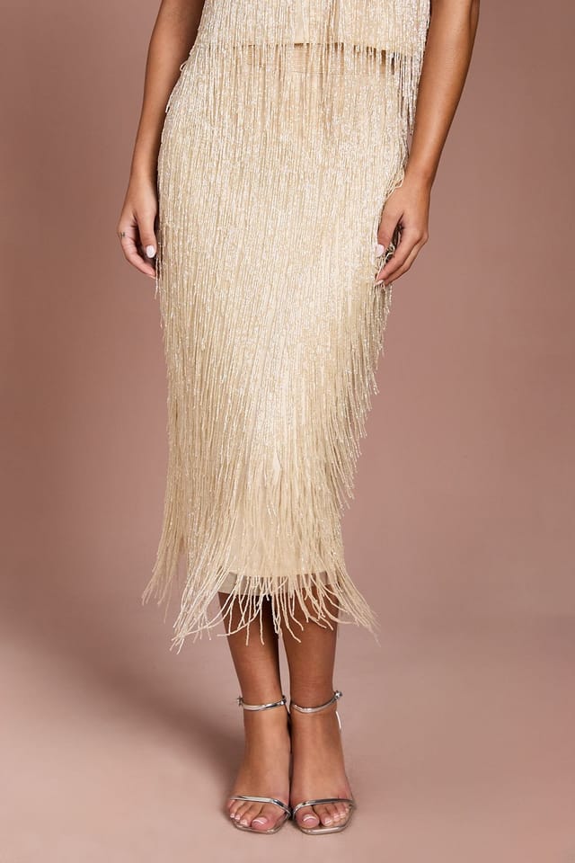 Coast Coast Women's (RTS) Fringe Embellished Midi Skirt in Champagne - 2