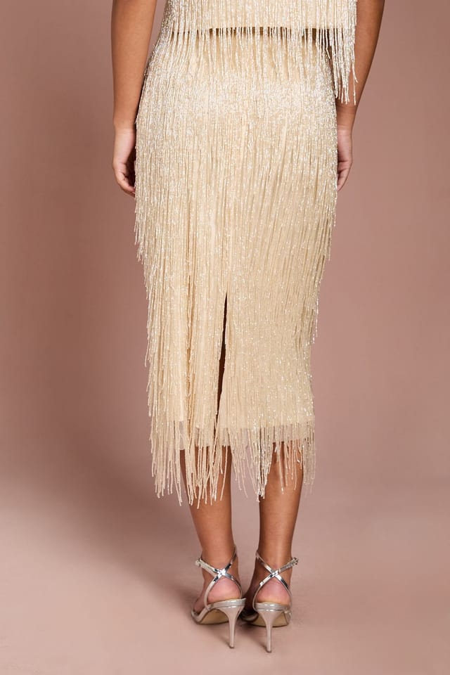 Coast Coast Women's (RTS) Fringe Embellished Midi Skirt in Champagne - 3