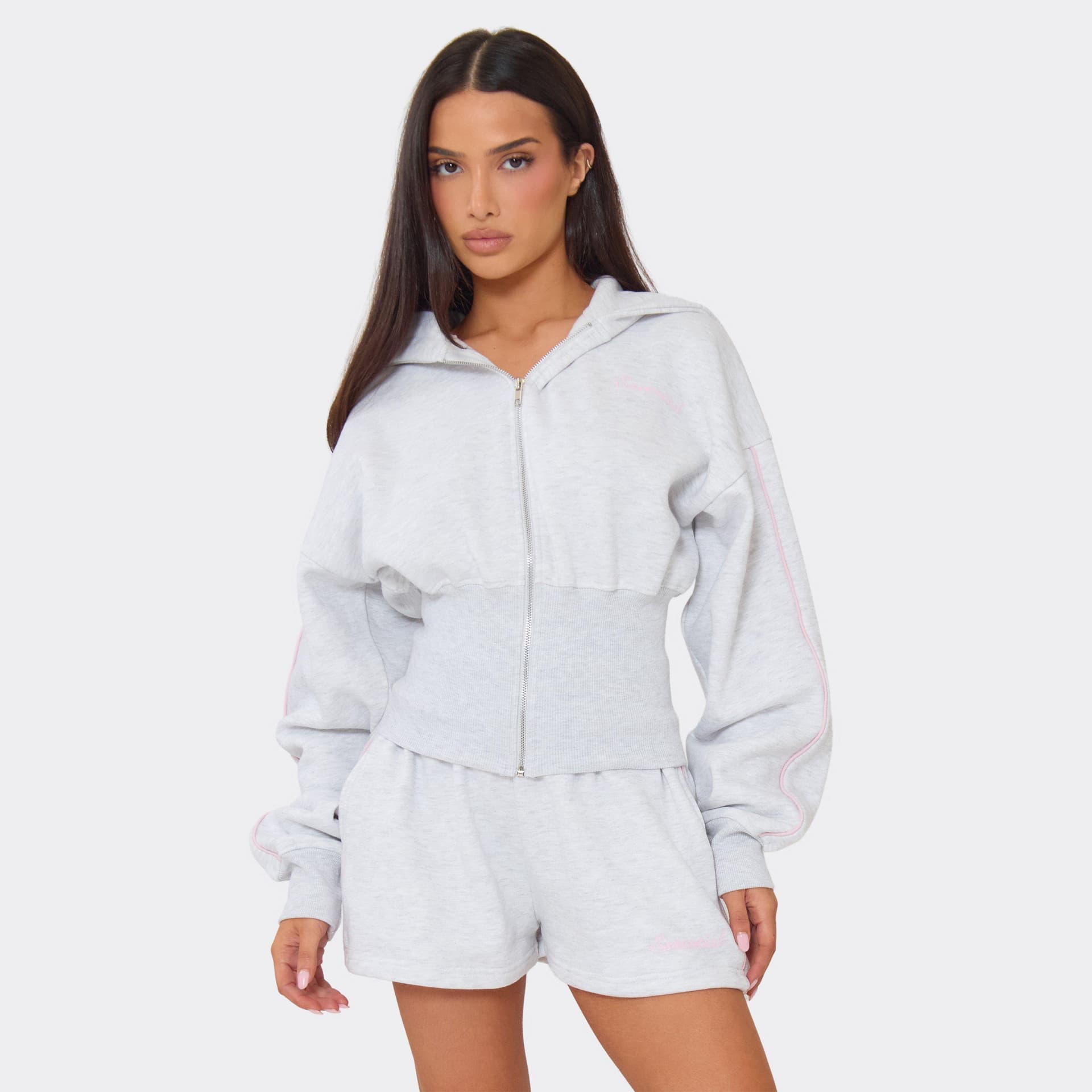 EGO Contrast Stripe Graphic Detail Cinched Waist Zip Up Hoodie In Light Grey Marl, Women's Size UK 6