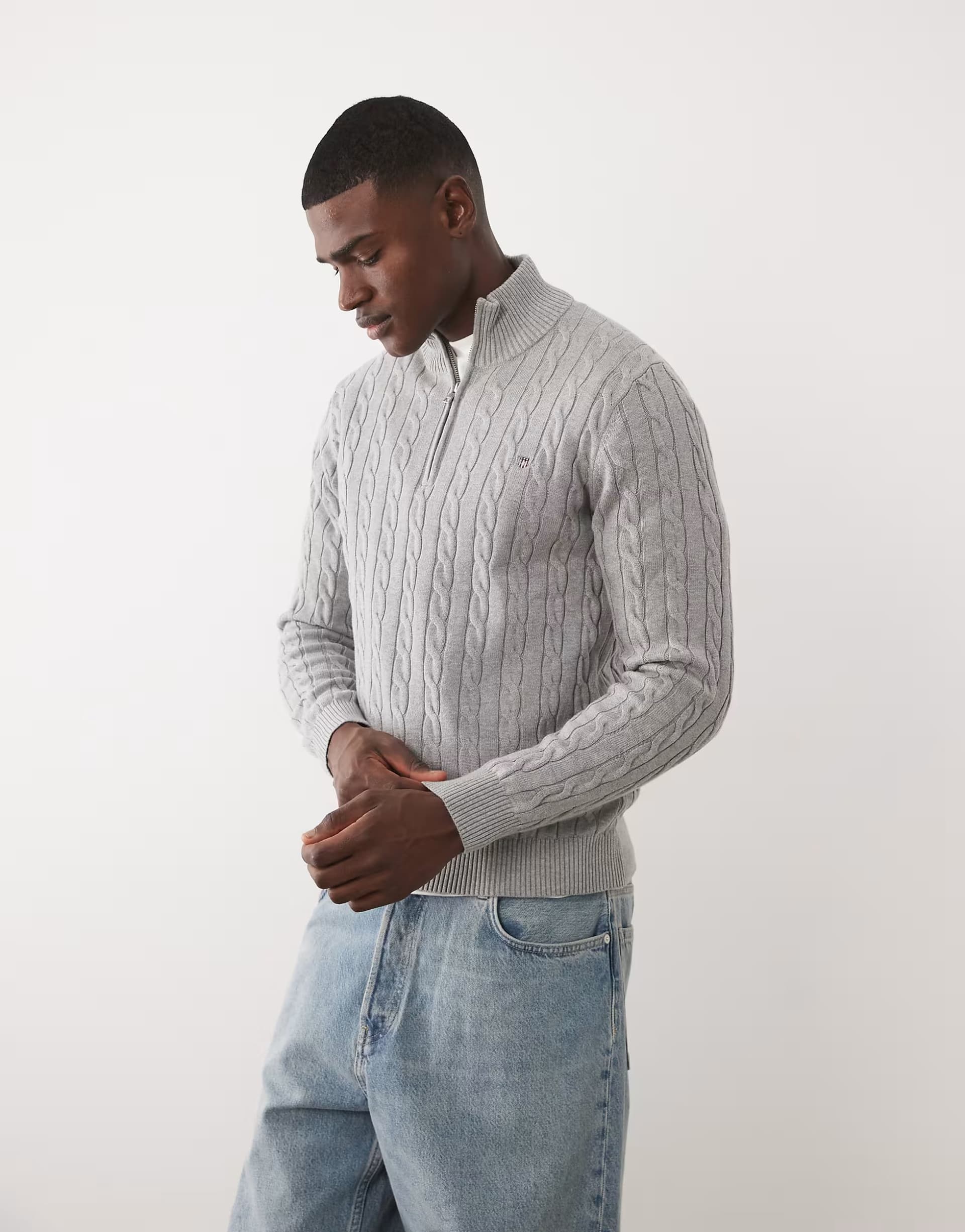 ASOS Gant cotton 3/4 zip up jumper in grey cable knit