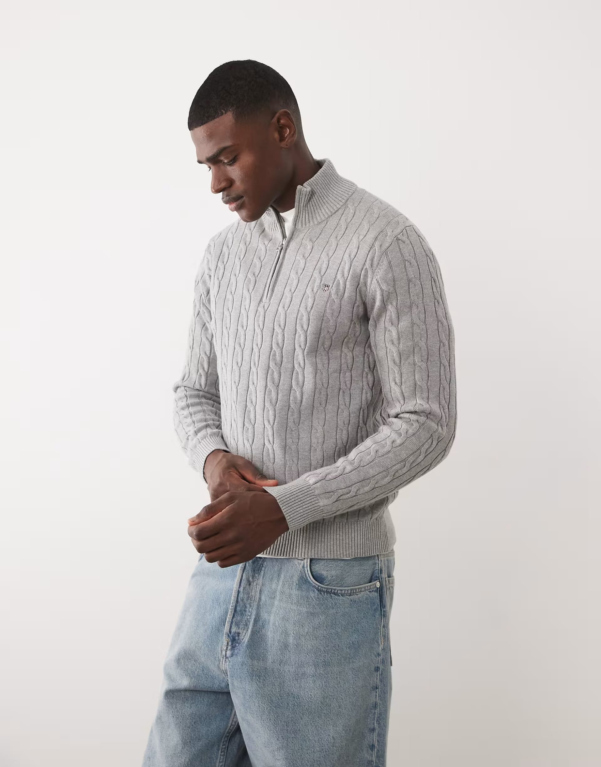 Gant Grey Melange Cable Knit 3/4 Zip Jumper