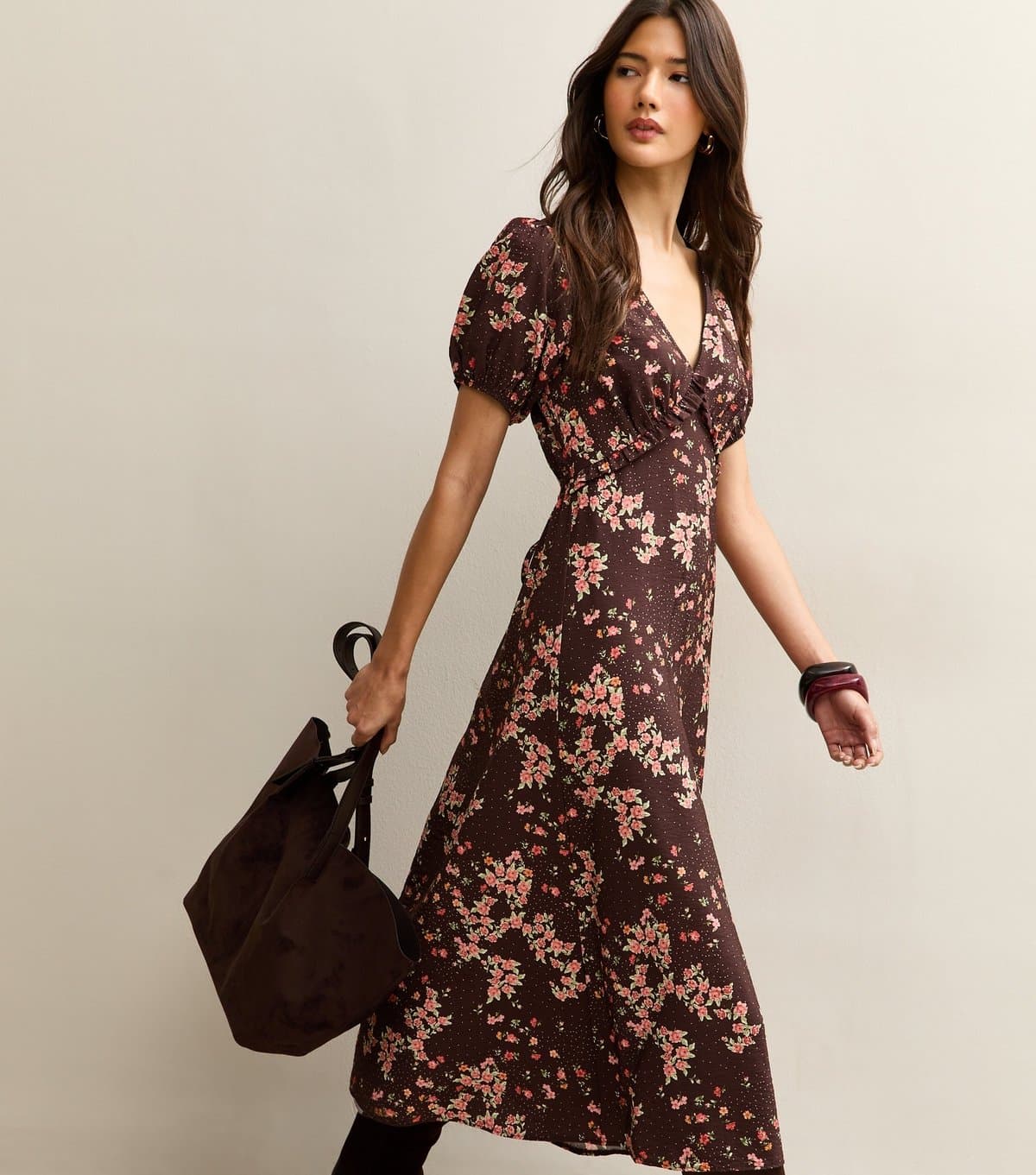 New Look Women's Brown Floral Print Short Sleeve Tea Midi Dress New Look