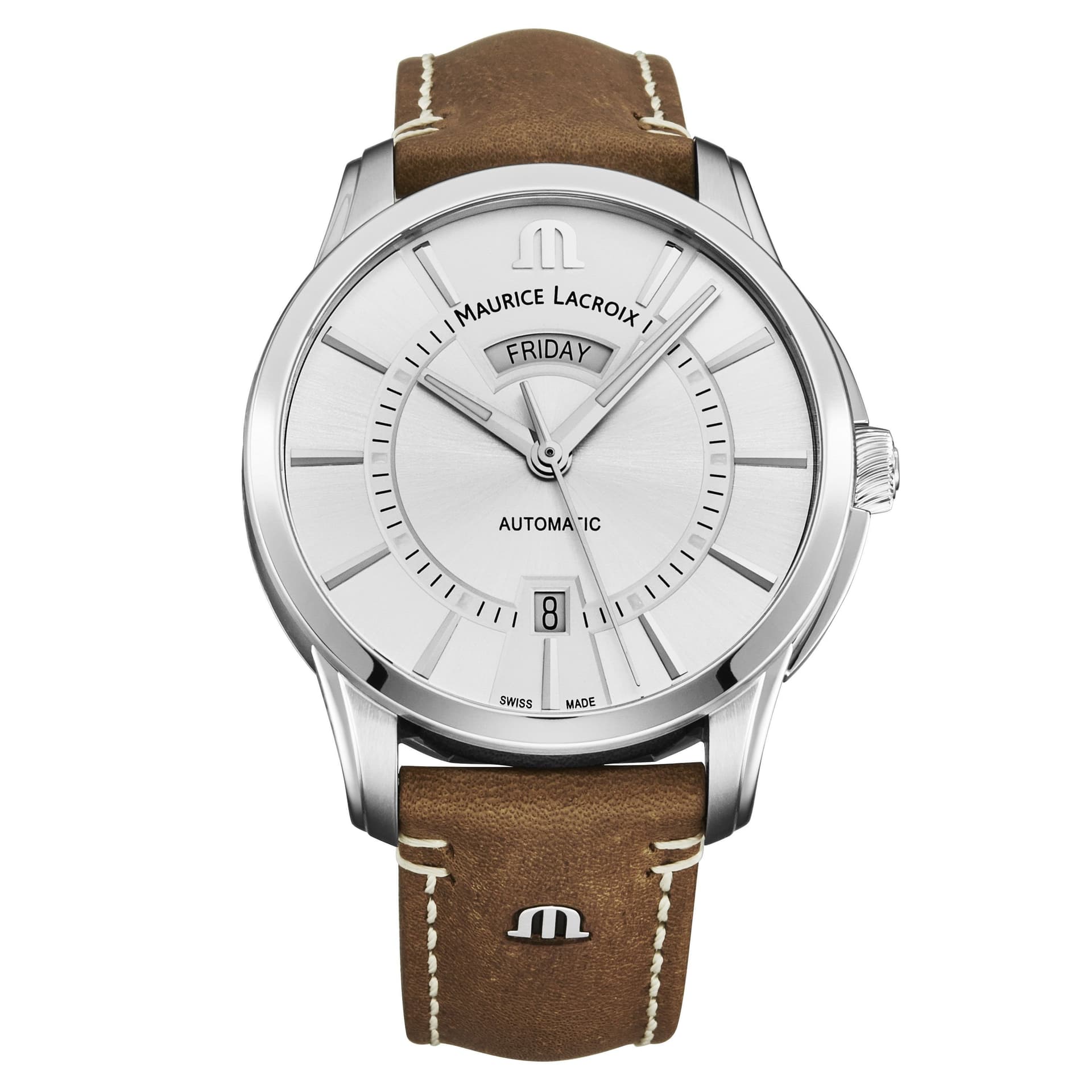 Maurice Lacroix Maurice Lacroix Men's 'Pontos' Silver Dial Leather Strap Automatic Watch in Brown