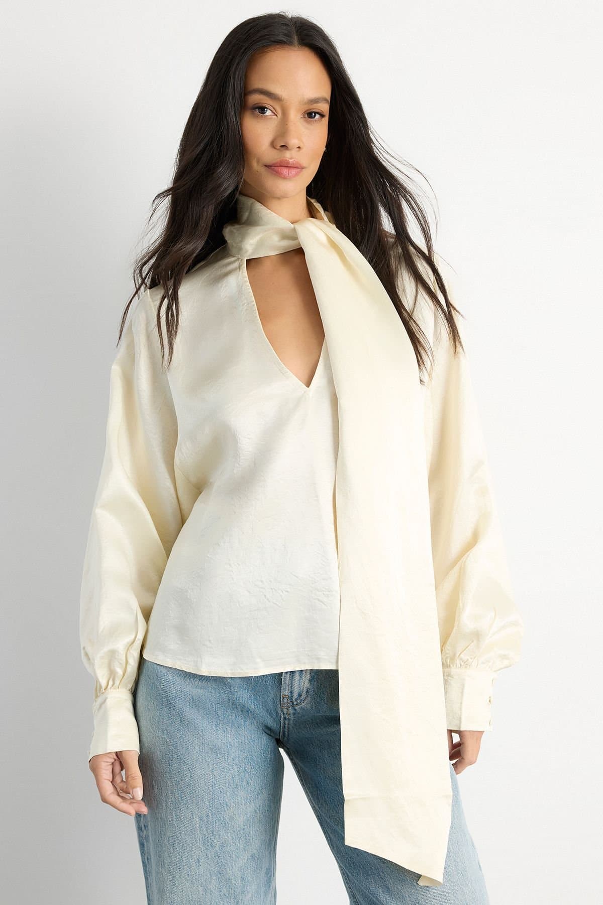 Warehouse Warehouse Women's Scarf Detail V Neck Satin Blouse in Oyster