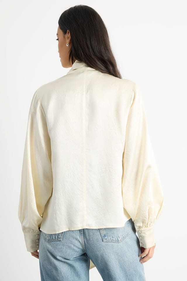 Warehouse Warehouse Women's Scarf Detail V Neck Satin Blouse in Oyster - 3