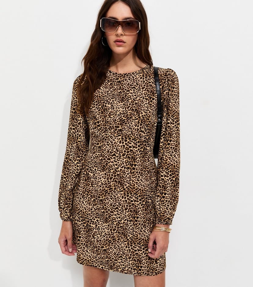 New Look Women's Brown Animal Print Long Sleeve Mini Dress New Look - 1