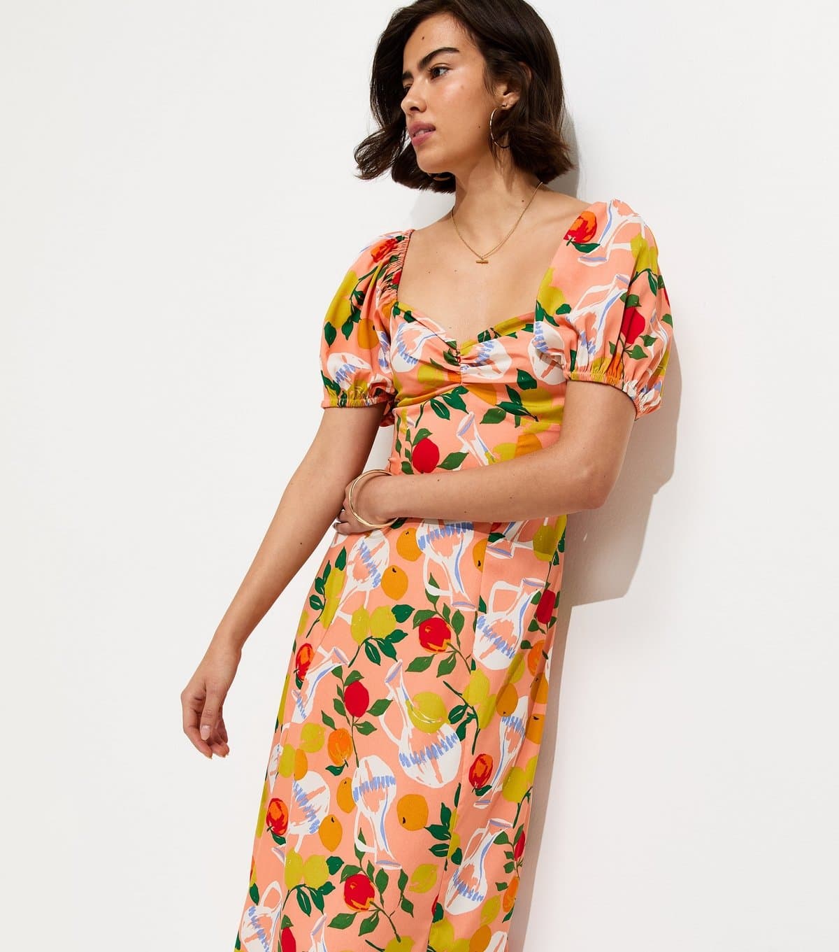 New Look Women's Pink Fruit Print Crepe Midi Dress New Look