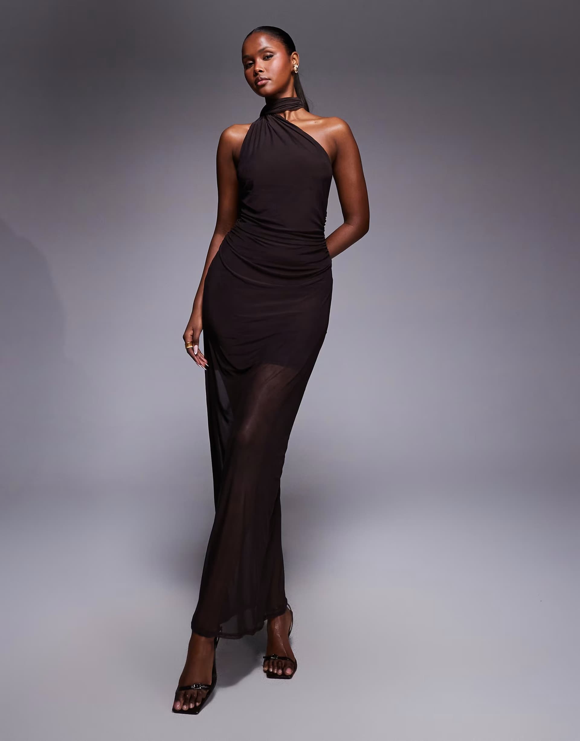 ASOS Fashionkilla exclusive mesh overlay neck tie detail sheer hem maxi dress in chocolate