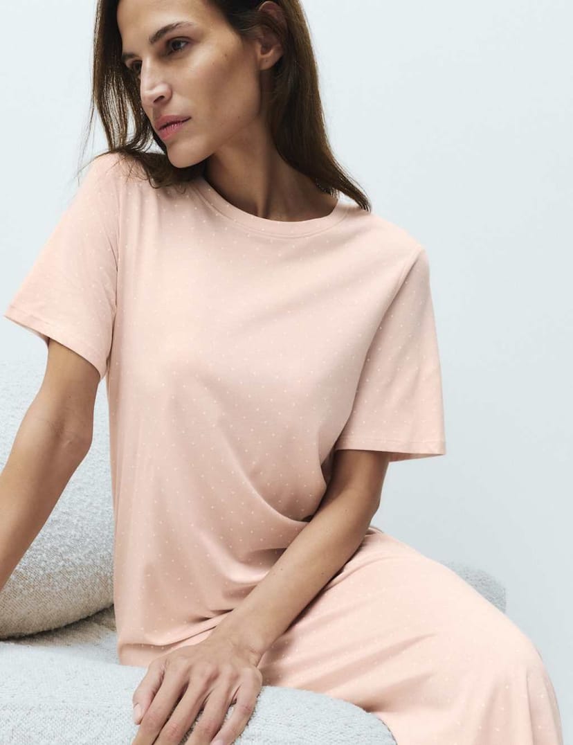 Marks & Spencer M&S Cotton Modal Printed Long Nightdress Pink - 1