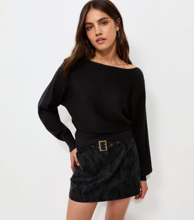 New Look Women's Black Lightweight Ribbed Knit Slash Neck Batwing Jumper New Look - 2
