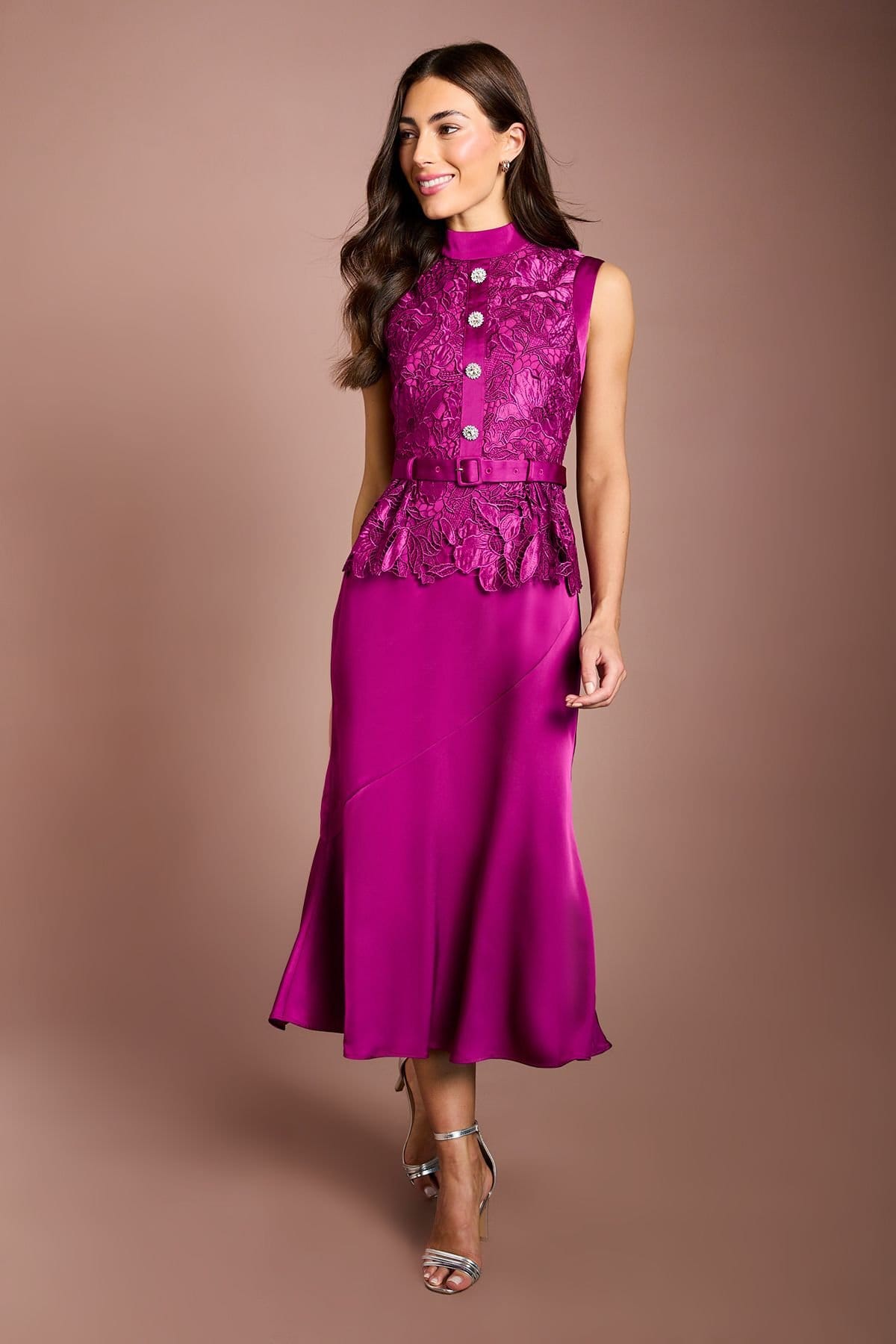 Coast Coast Women's Sleeveless Lace Bodice With Satin Skirt Midi Dress in Fig - 4