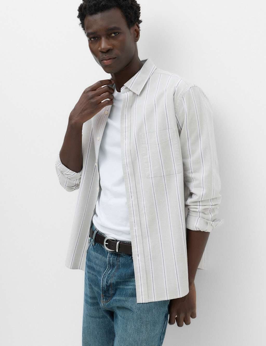 M&S Green Mix Cotton-Rich Striped Oxford Shirt