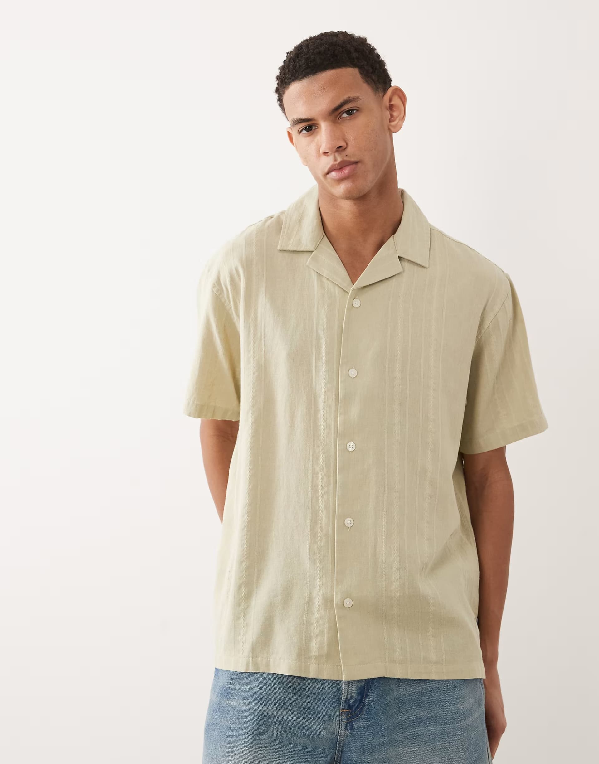 ASOS Jack & Jones Premium linen blend short sleeve shirt with stripes in green