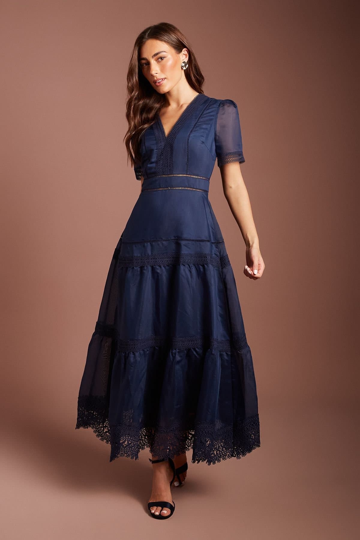 Coast Coast Women's Lace Trim Printed Organza Midi Dress in Navy