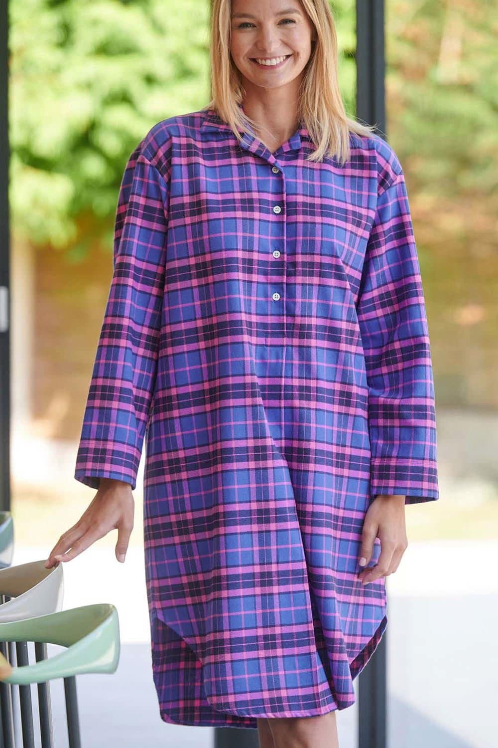 British Boxers British Boxers Women's "Lomond" Tartan Brushed Cotton Nightshirt in Bright Pink