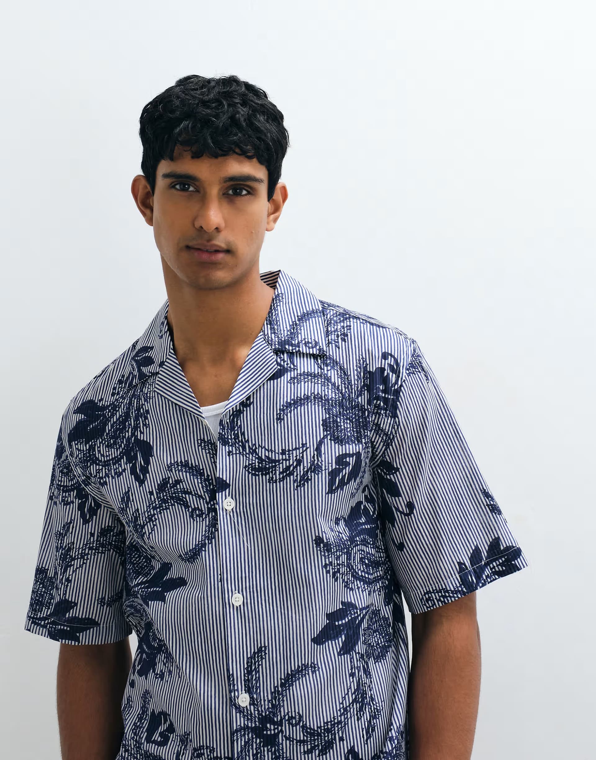ASOS Mango graphic floral striped shirt in blue