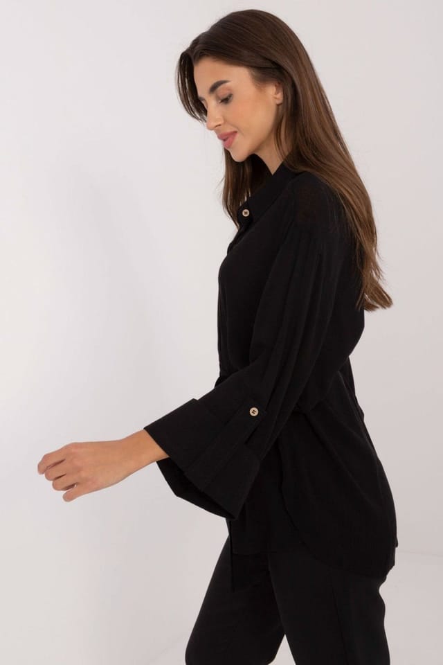 Love Lace Love Lace Women's Cotton Tie Belt Button Down Casual Shirt in Black - 2