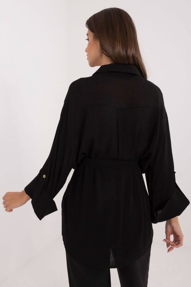 Love Lace Love Lace Women's Cotton Tie Belt Button Down Casual Shirt in Black - 3