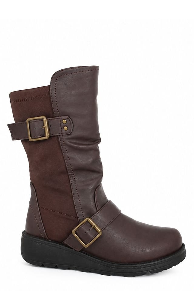 Spot On Spot On Women's Ruched Double Buckle Mid-Calf Everyday Boots in Brown - 2