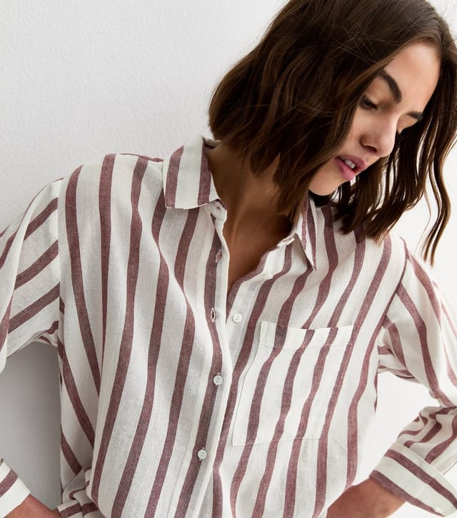 New Look Women's White and Brown Cotton Striped Long Sleeve Shirt New Look - 2