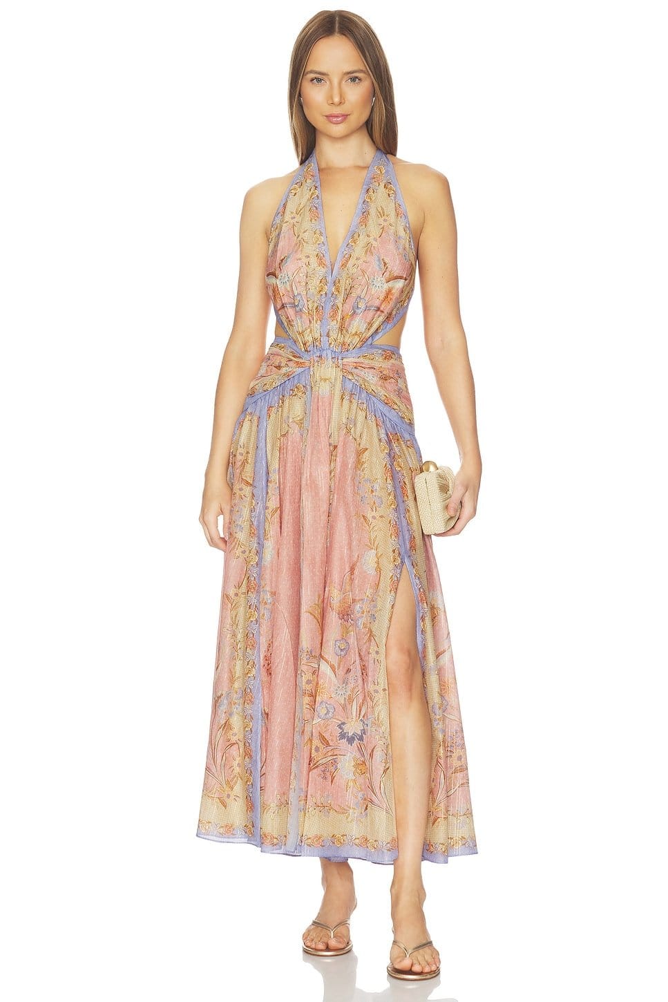 Zimmermann Pink Floral Plunge Halter Maxi Dress