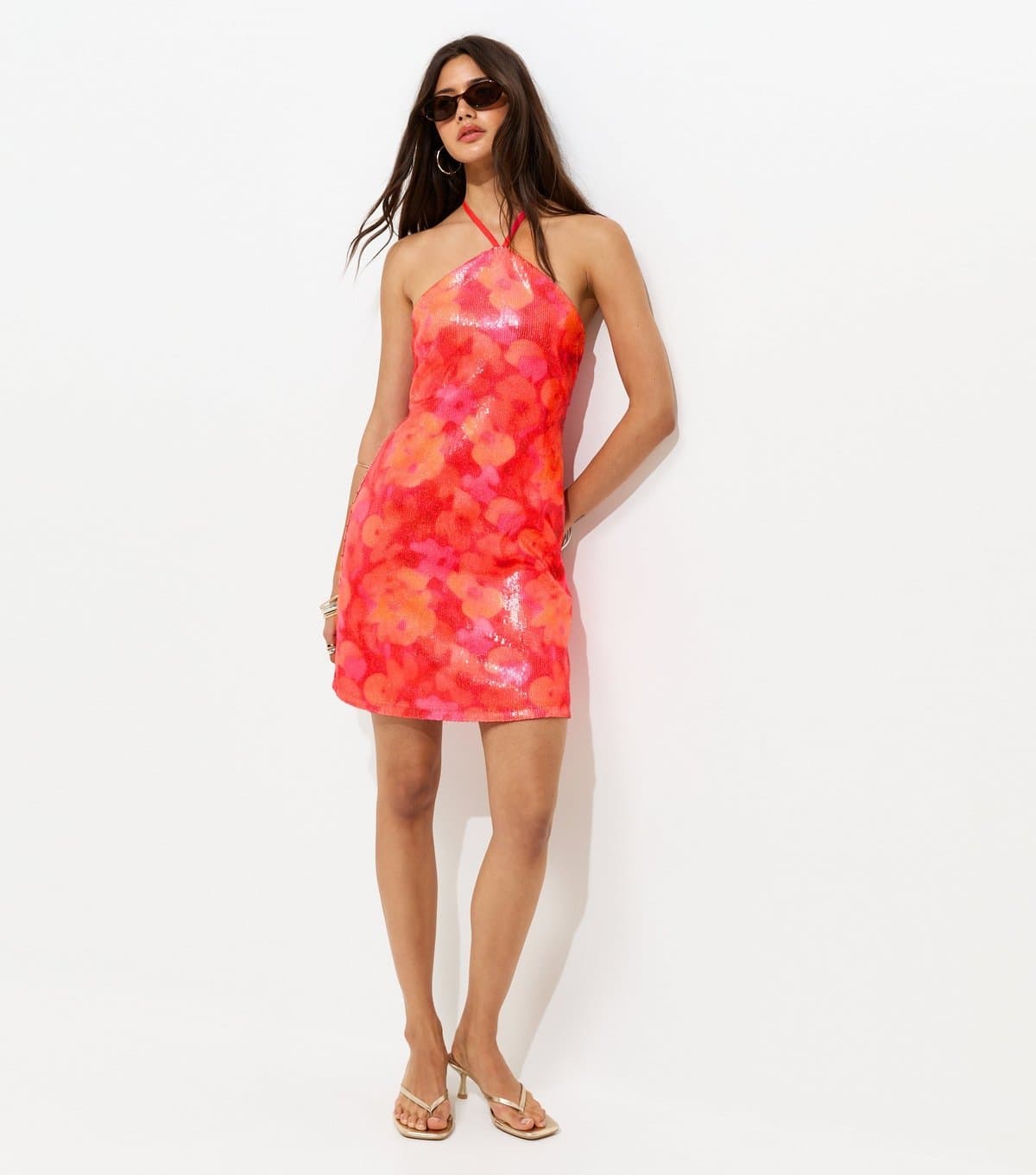 New Look Women's Red Floral Sequin Embellished Halter Mini Dress New Look