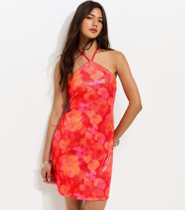 New Look Women's Red Floral Sequin Embellished Halter Mini Dress New Look - 3