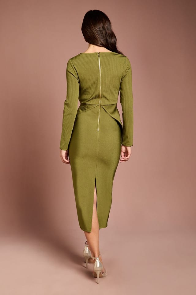 Coast Coast Women's Long Sleeve Twist Front Bandage Midi Dress in Olive - 3