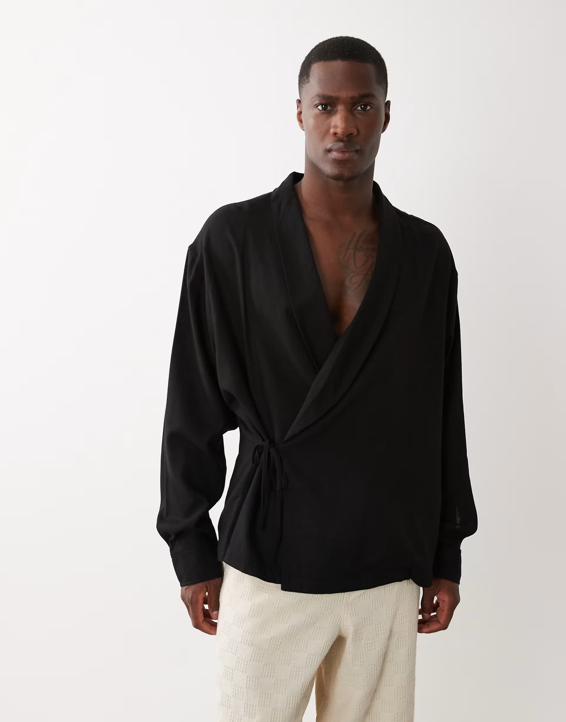 ASOS ASOS DESIGN oversized wrap tie shirt with linen in black
