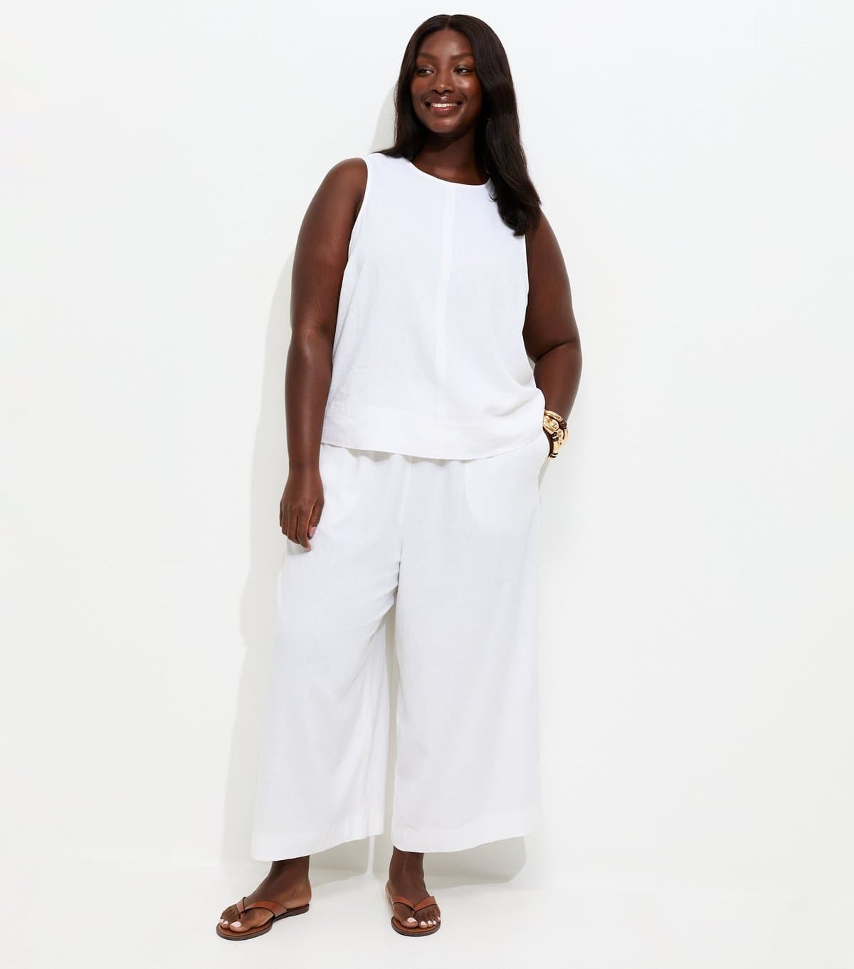 New Look Women's Plus Size White Linen Blend Cropped Drawstring Trousers Curves New Look