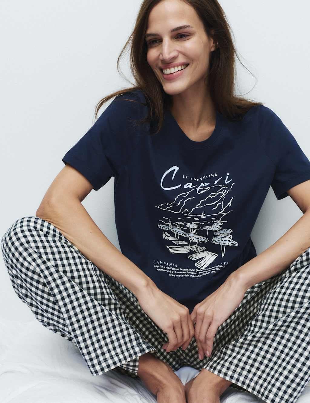 Marks & Spencer M&S Pure Cotton Pyjama Set With Woven Bottoms Dark Blue