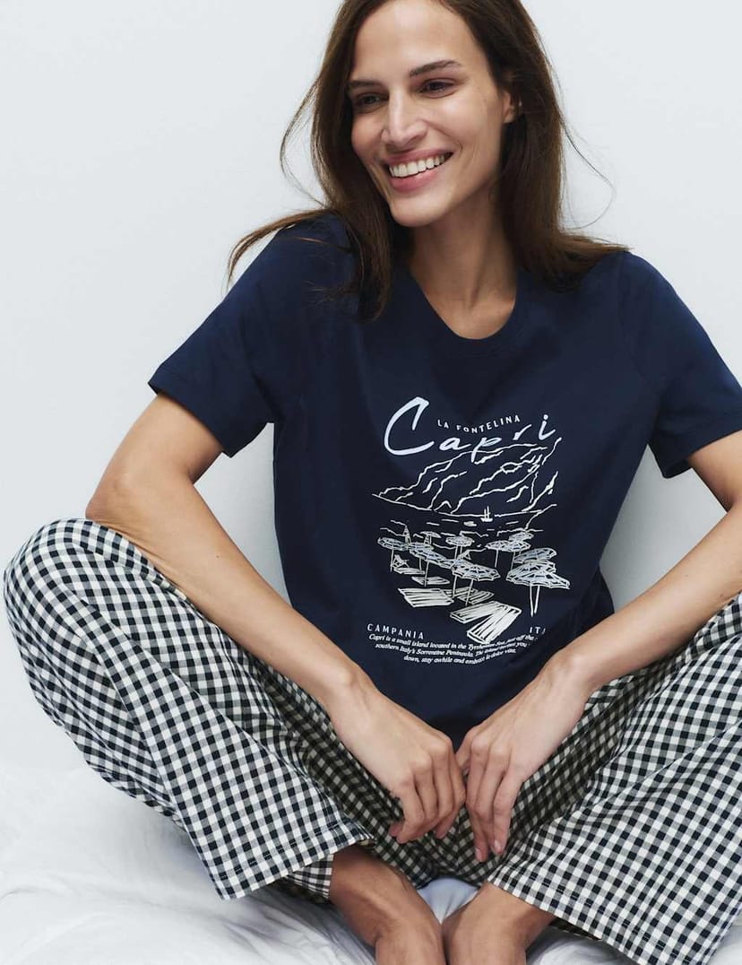 Marks & Spencer M&S Pure Cotton Pyjama Set With Woven Bottoms Dark Blue - 1