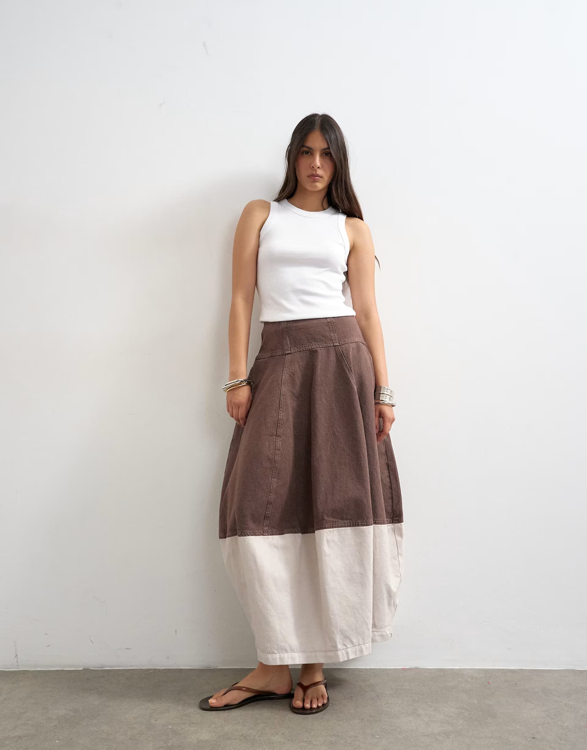 ASOS Topshop denim barrel seamed maxi skirt in brown and ecru