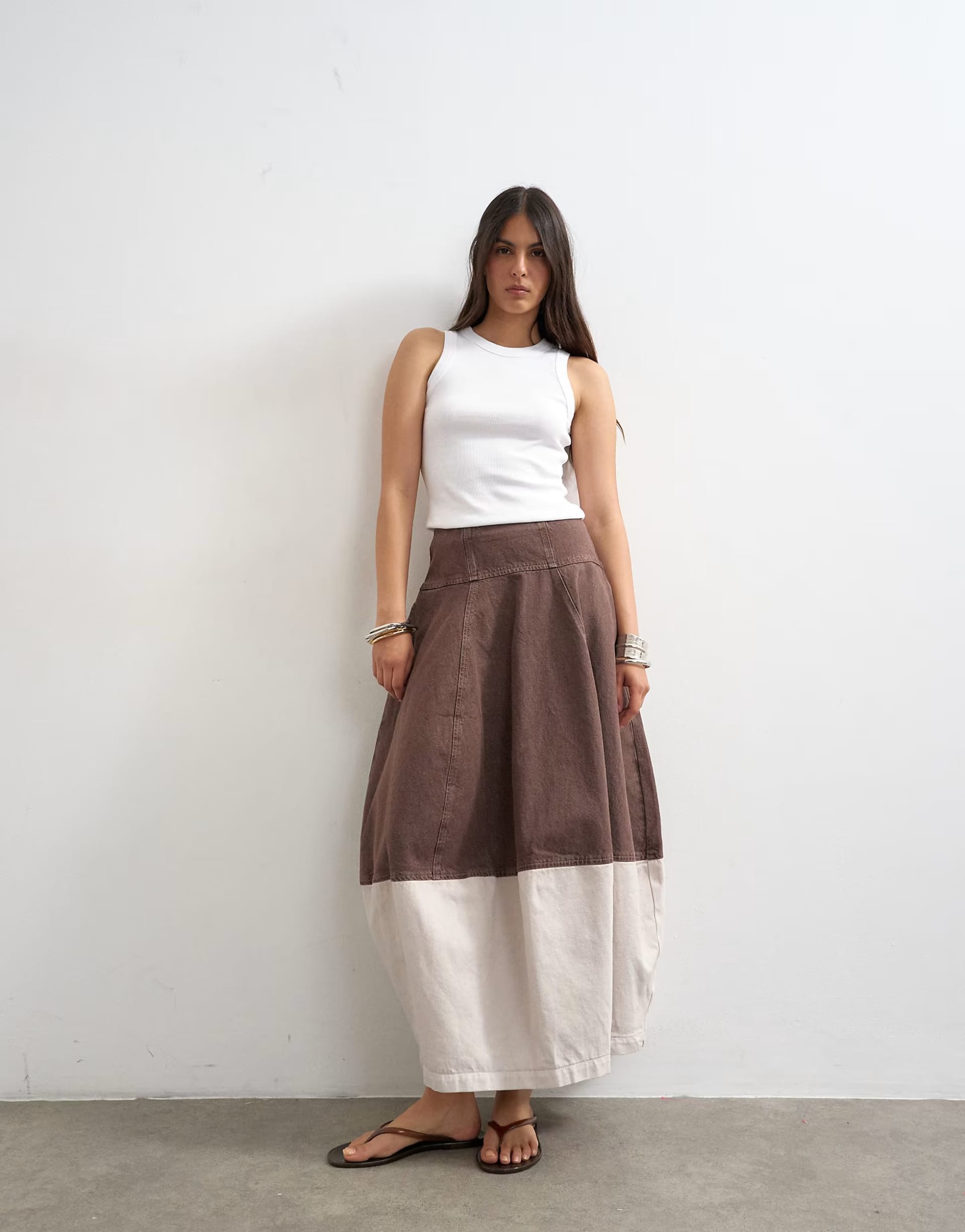 ASOS Brown and Ecru Denim Barrel Seamed Maxi Skirt