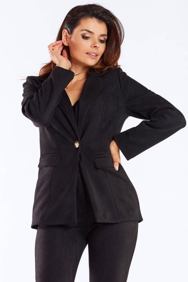 Love Lace Love Lace Women's Elegant Shawl Collar Jacket with Gold Button in Black - 2