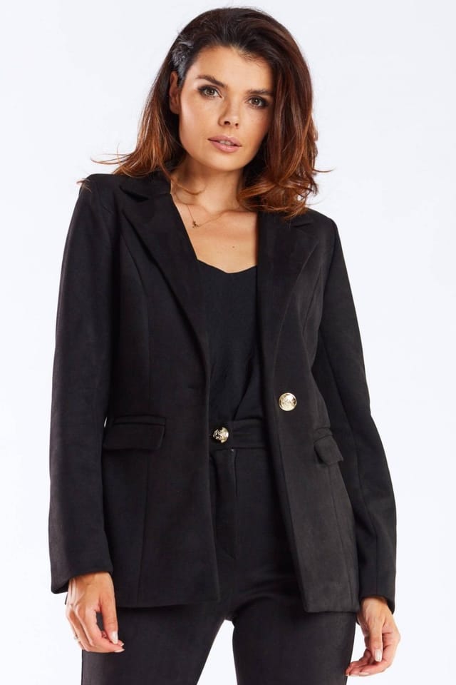 Love Lace Love Lace Women's Elegant Shawl Collar Jacket with Gold Button in Black - 3