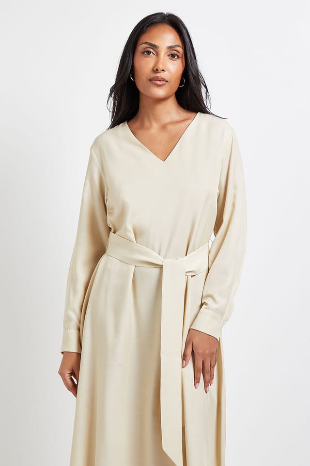 Wallis Wallis Women's Petite Denim Look Tie Waist Midi Dress in Stone - 2