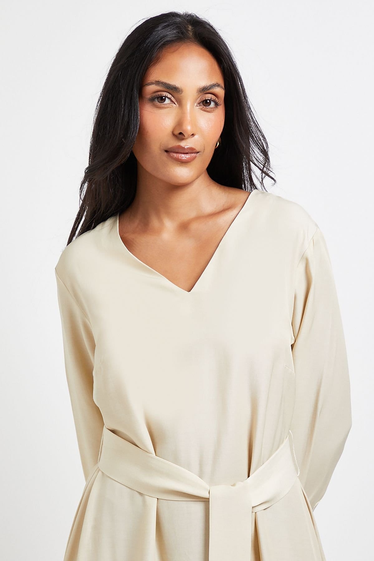 Wallis Wallis Women's Petite Denim Look Tie Waist Midi Dress in Stone - 4