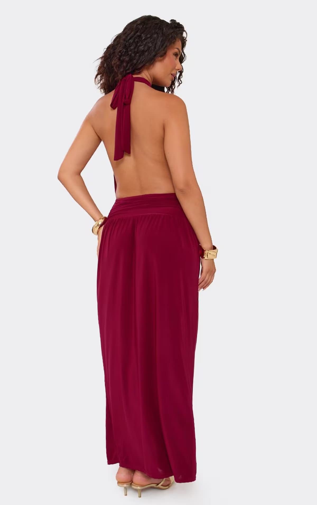 EGO High Neck Blouson Ruched Maxi Dress In Plum, Women's Size UK 6