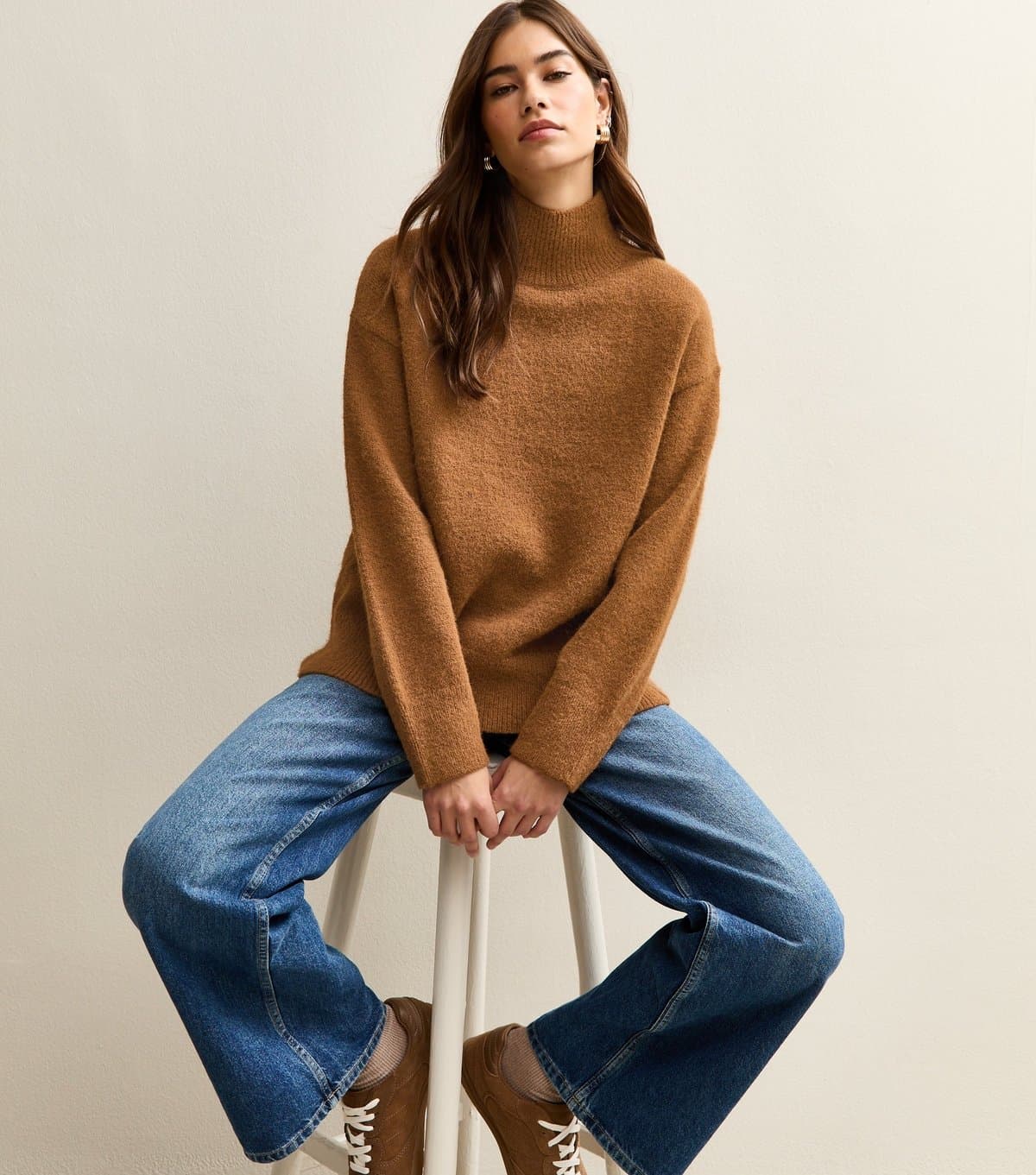 New Look New Look Tan Oversized Longline Stand Neck Jumper