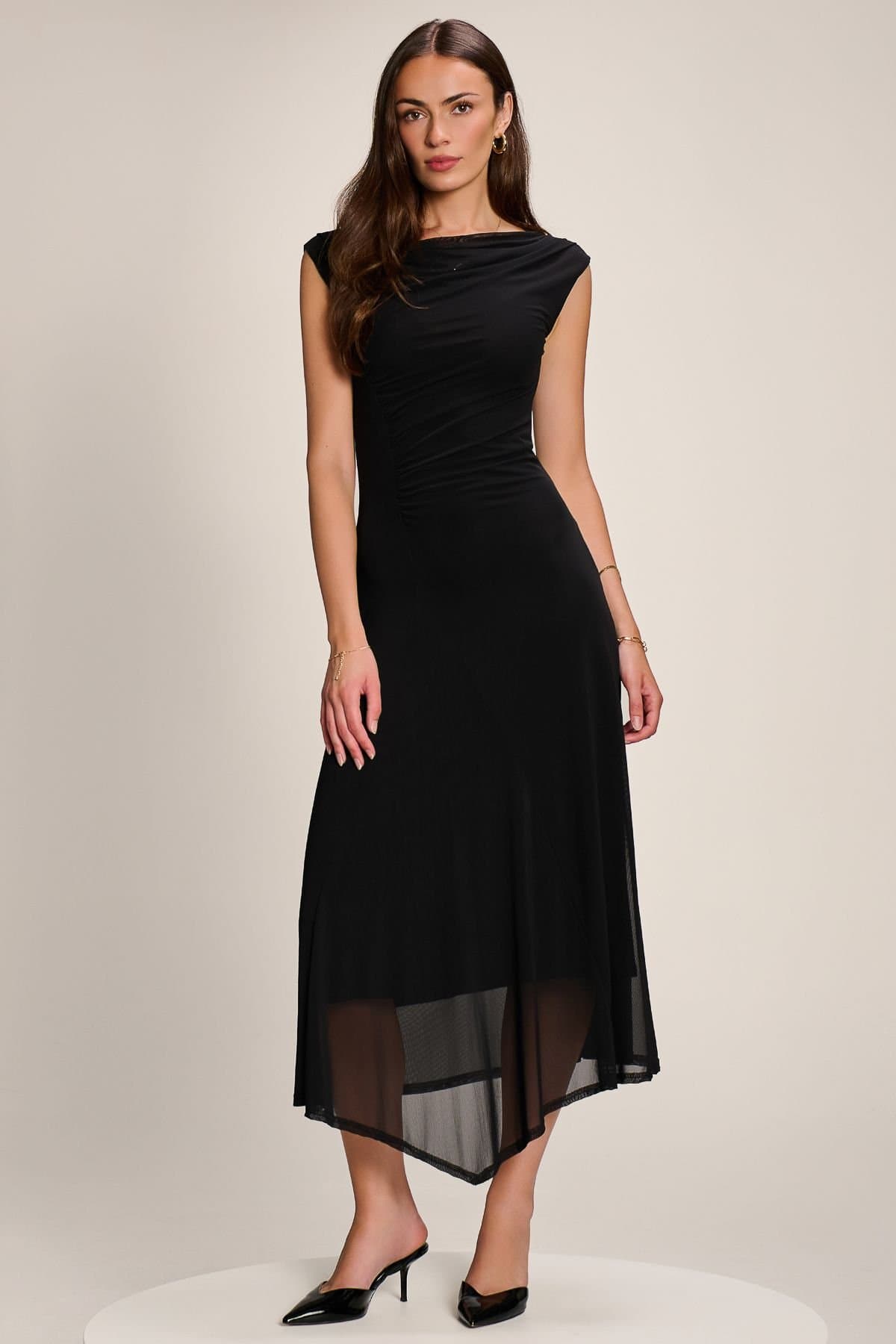 Jolie Moi Jolie Moi Women's Asymmetric Draped Mesh Maxi Dress in Black