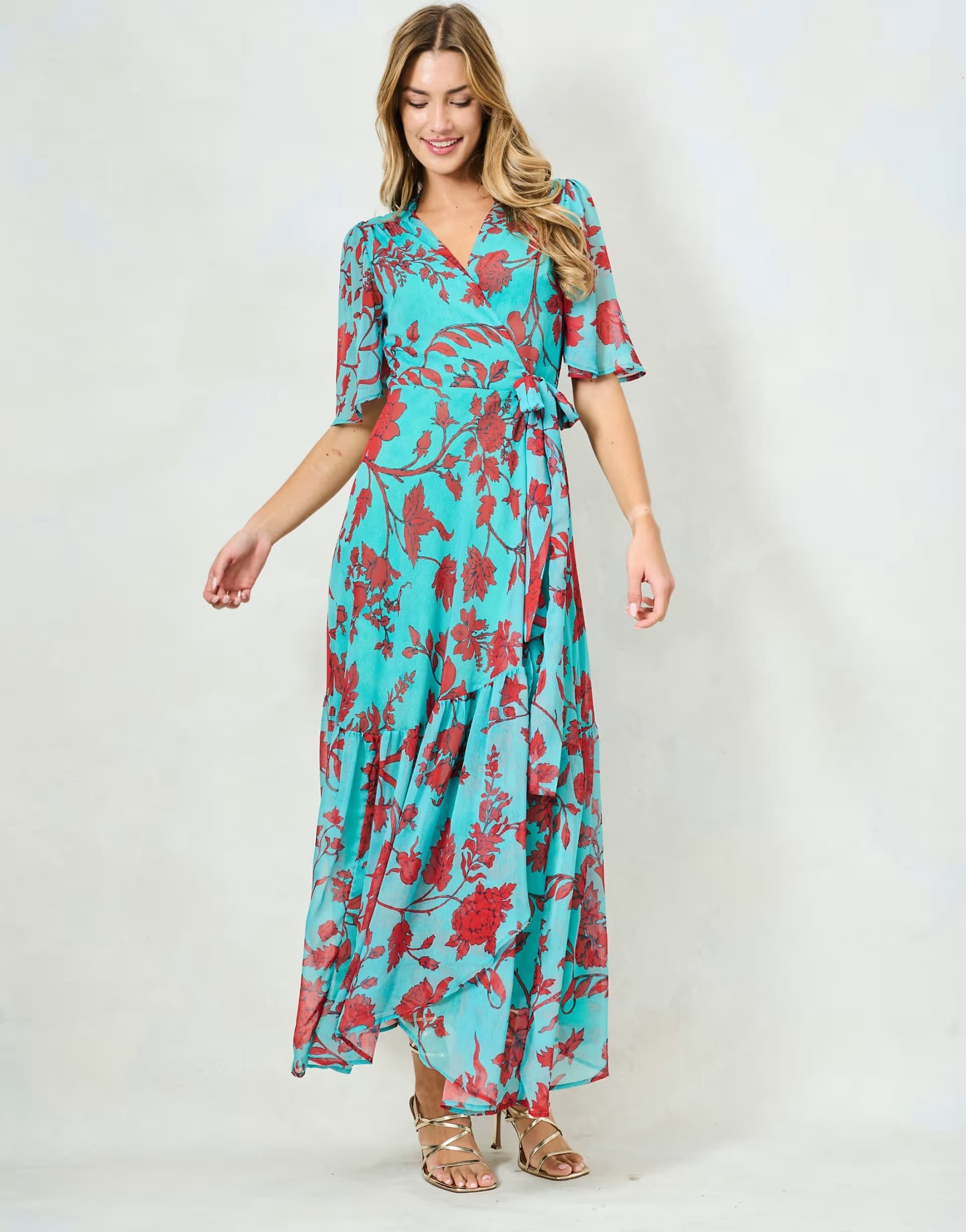 ASOS Hope & Ivy The nikita flutter sleeve maxi wrap dress with tie waist in teal and red