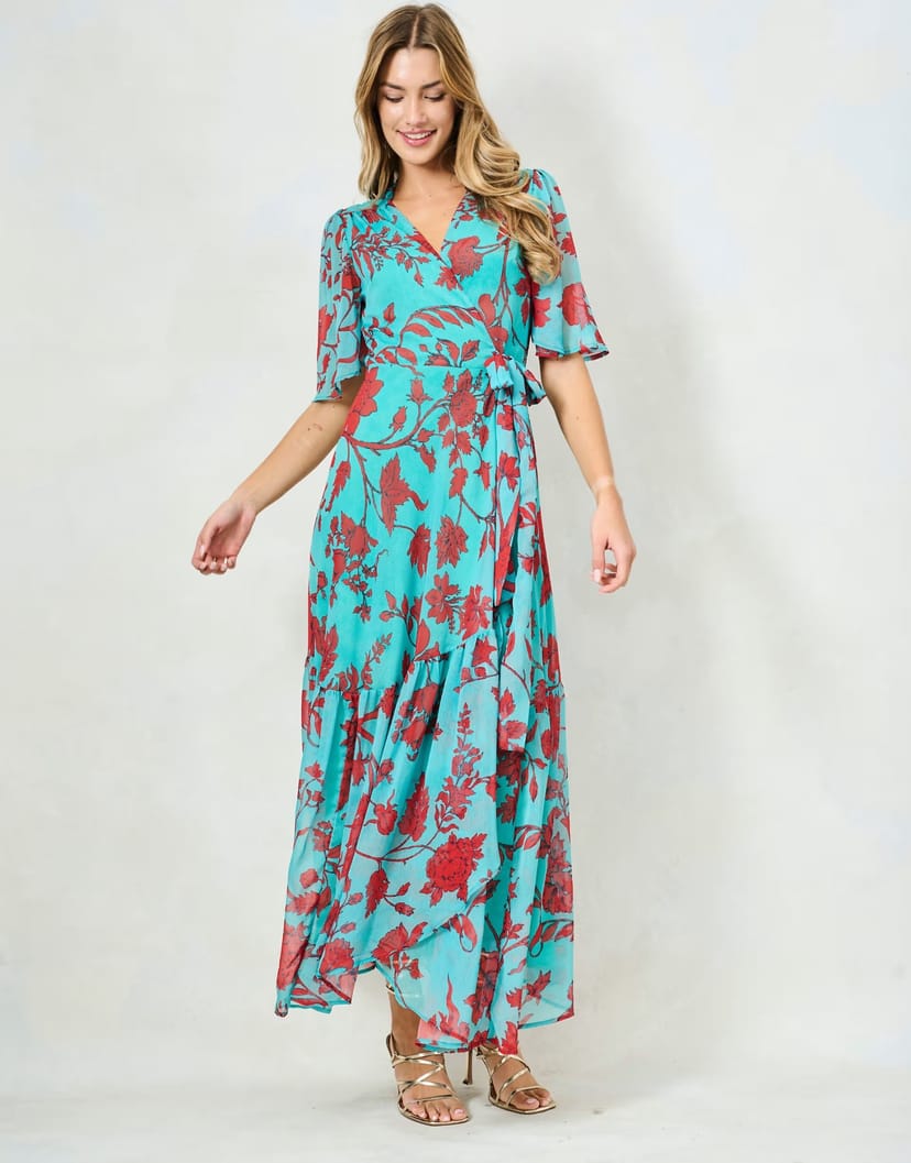 ASOS Hope & Ivy The nikita flutter sleeve maxi wrap dress with tie waist in teal and red - 1