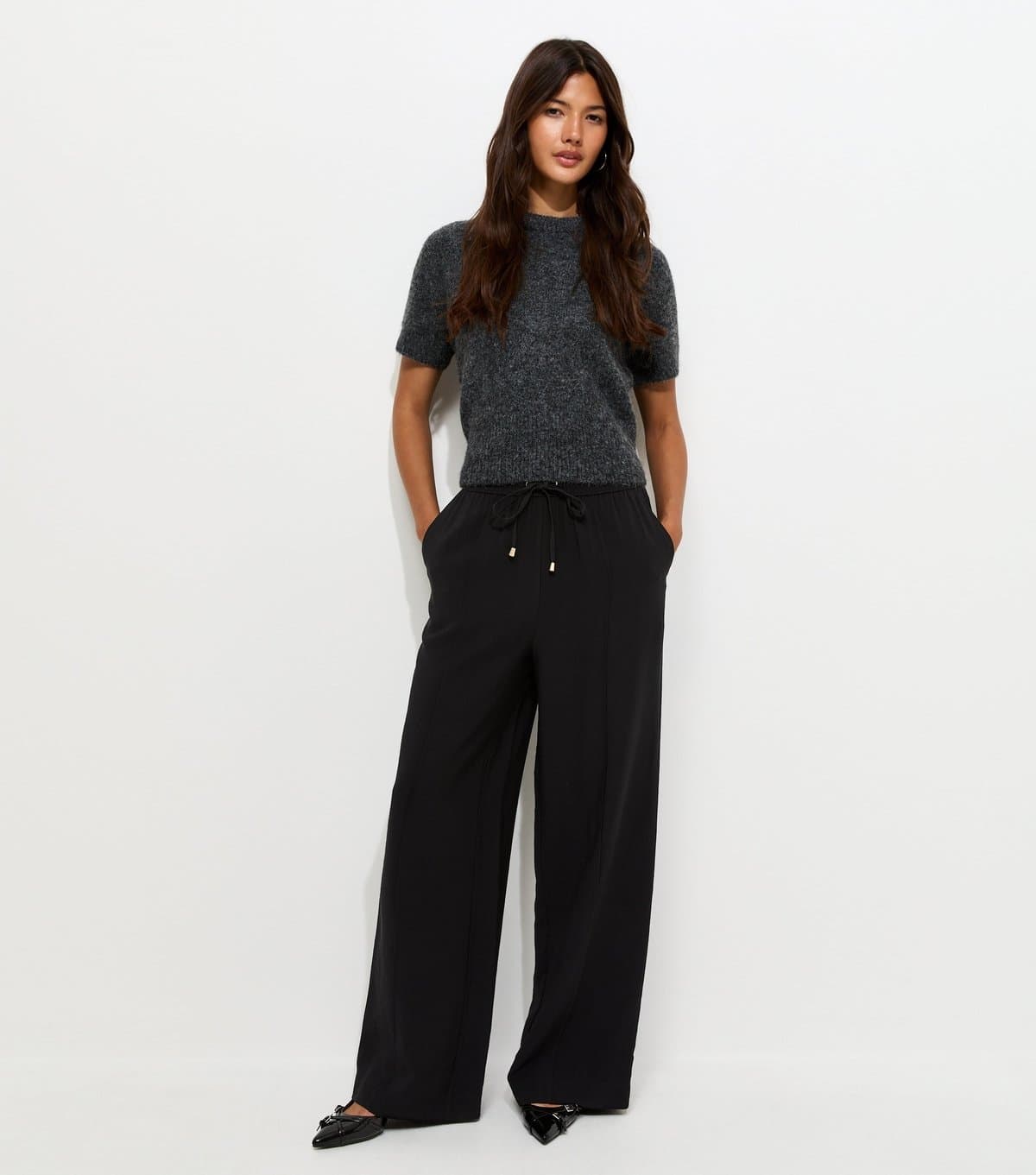 New Look Women's Black Drawstring Front Crease Wide Leg Trousers New Look