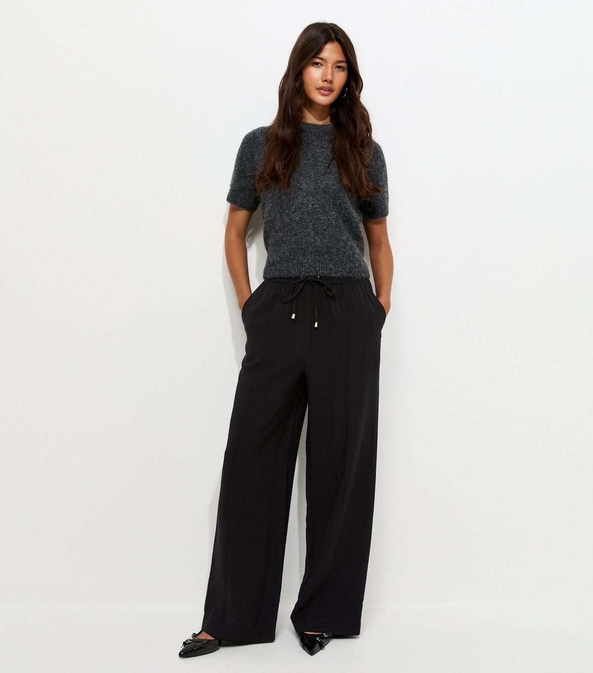 Women's Black Drawstring Front Crease Wide Leg Trousers New Look