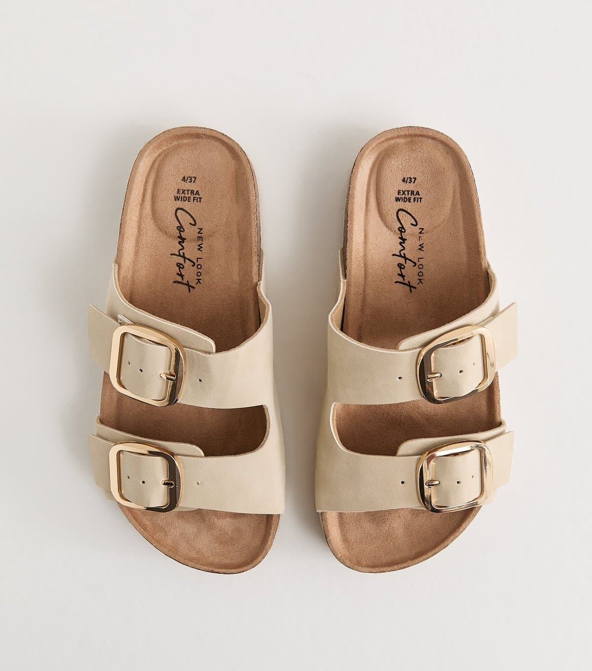 New Look Women's Extra Wide Fit Off White Cork Sole Double Strap Mule Sandals Vegan New Look