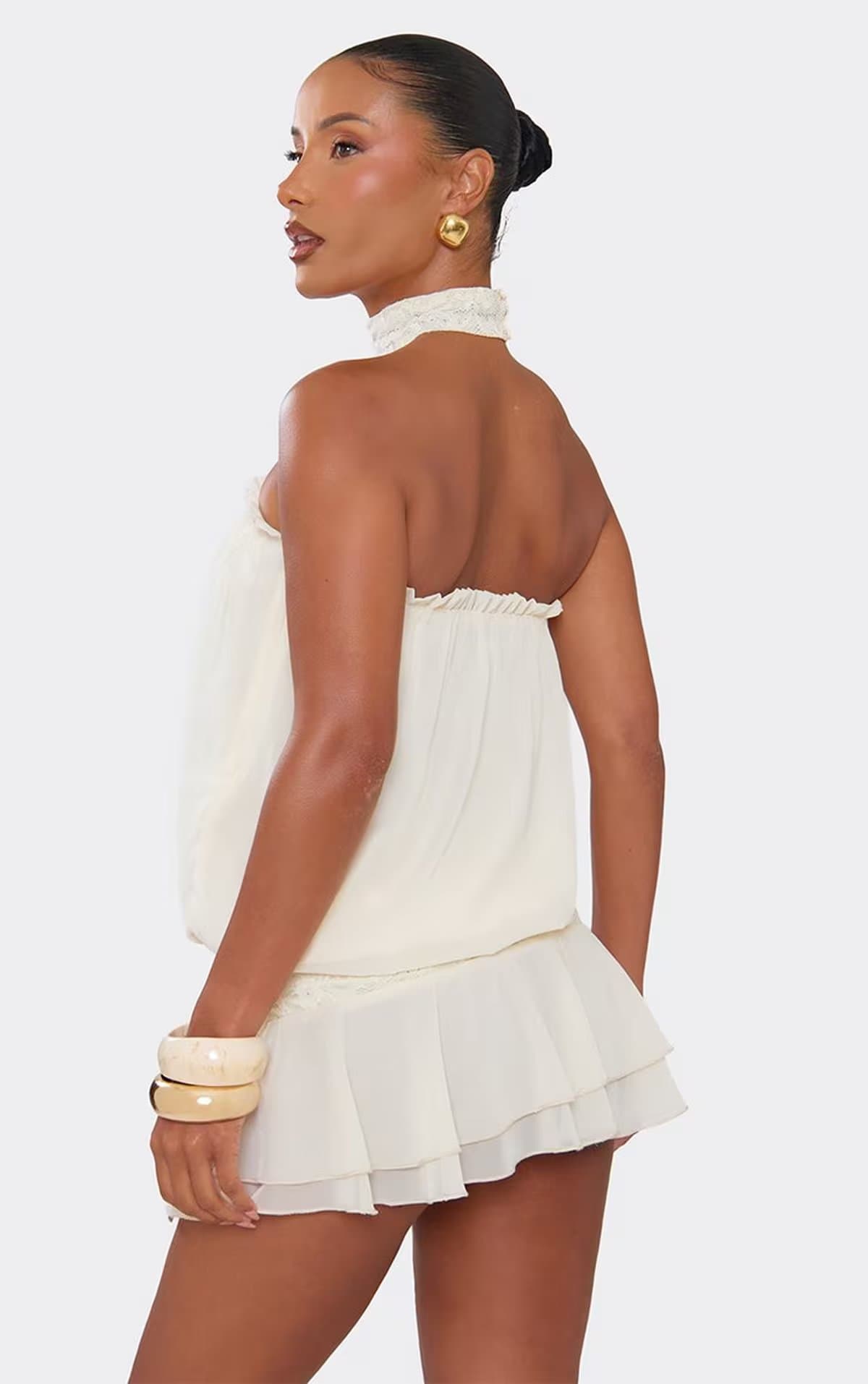 EGO Bandeau Blouson Frill Hem Lace Panel Mini Dress In Cream., Women's Size UK 6