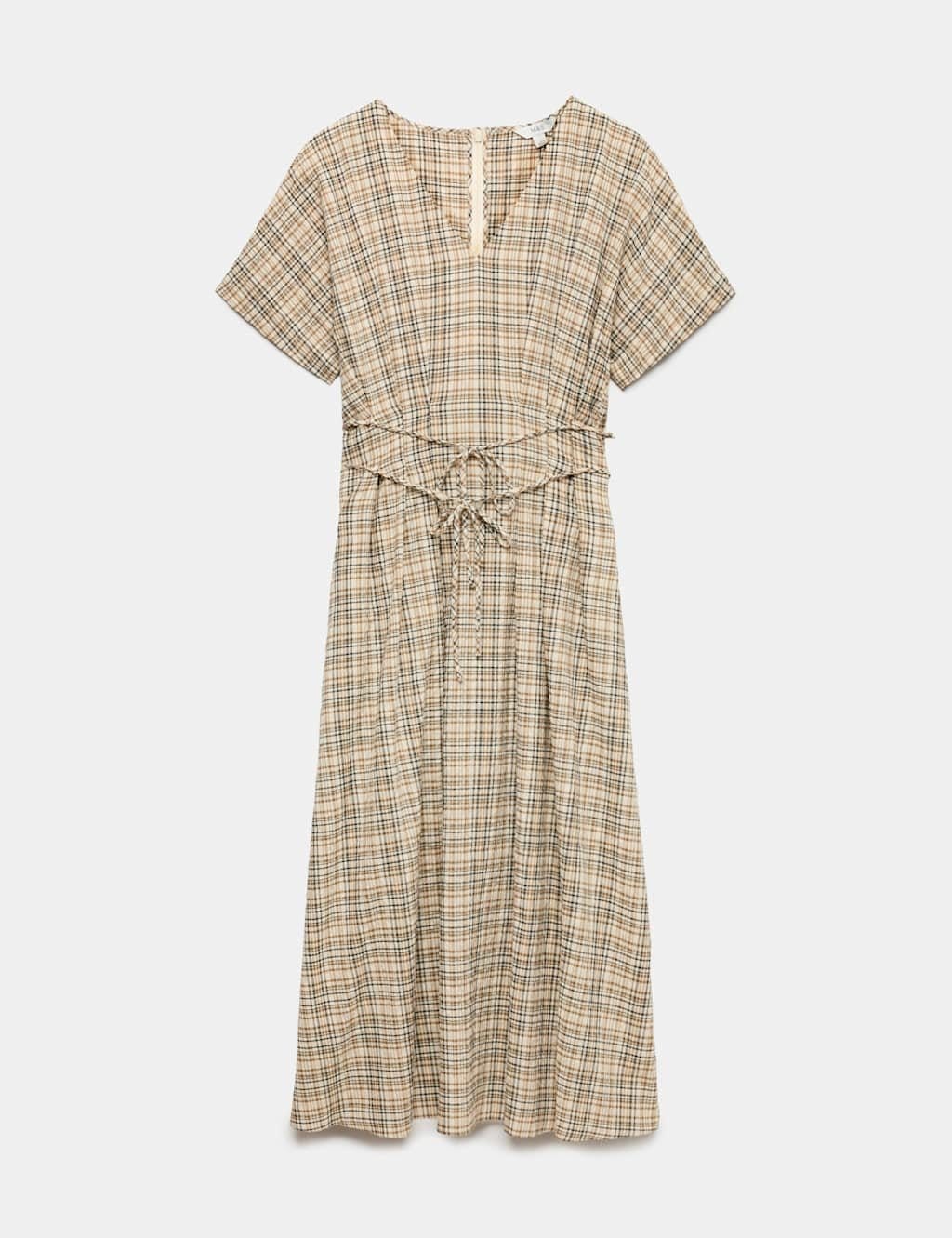 Marks & Spencer M&S Pure Cotton Checked V-Neck Midi Waisted Dress Beige Mix - 1